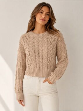 Brave Soul Cable Knit Balloon Sleeve Oversized Neutral Tan Sweater Size …​​​